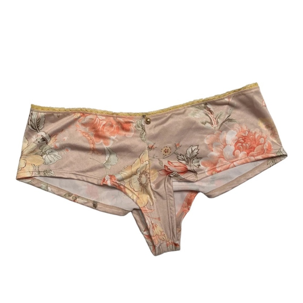 Womans Sexy BOY CUT SHORTS In Satin-Beige -Orange Floral Design-XL.